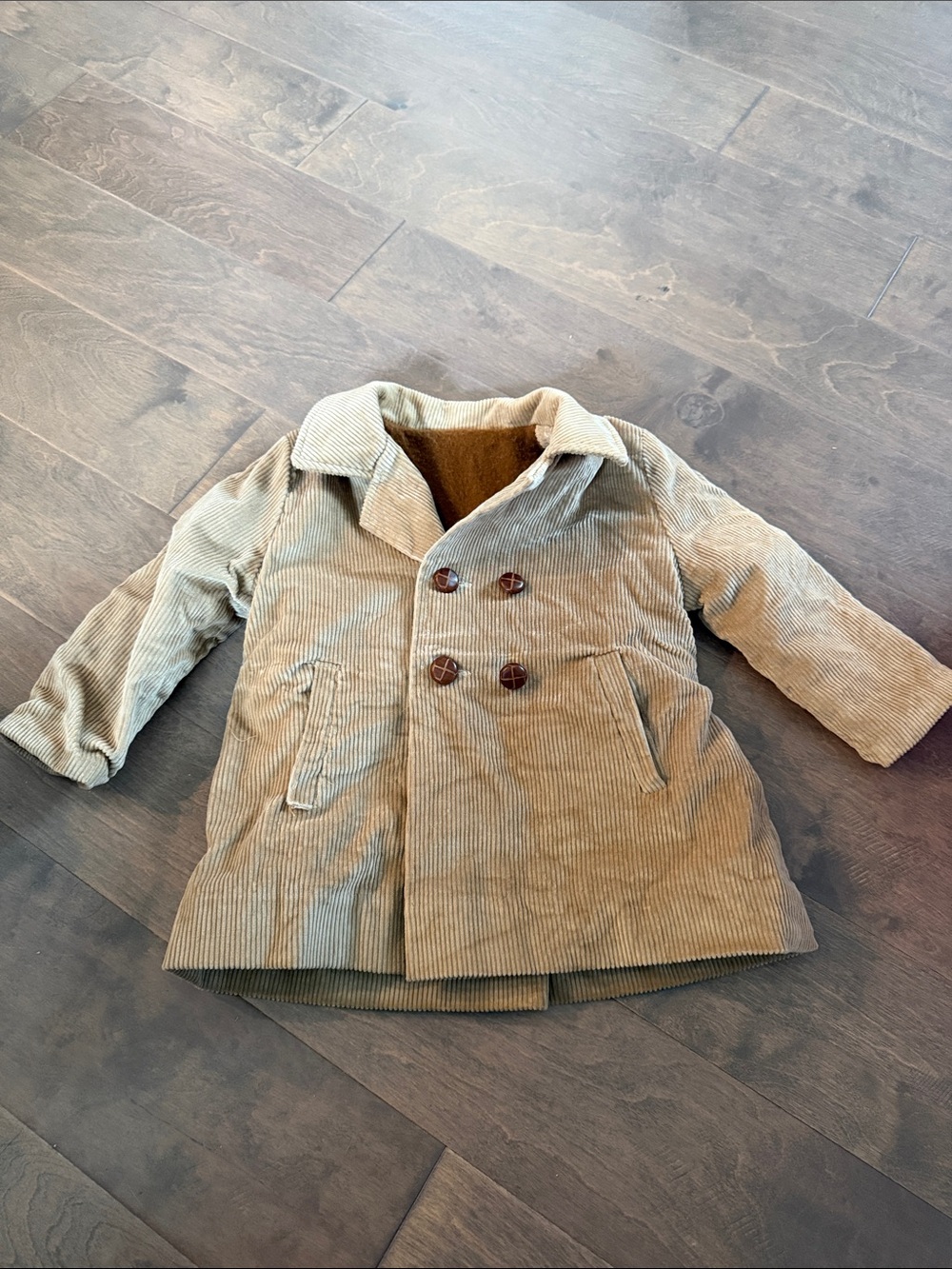 Vintage Children's Double-Breasted Corduroy Pea Coat - Tan